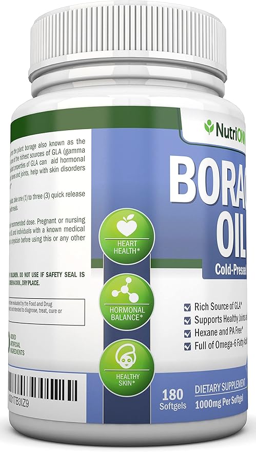 Borage Oil - 1000 mg - 180 Softgels - Cold Pressed High GLA Borage Seed Oil - Hexane and PA Free - Great for Skin, Hair and Bones.