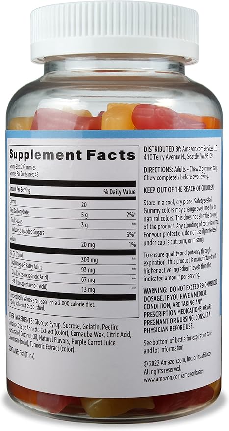 Amazon Basics Fish Oil 303 mg, Lemon, Orange & Strawberry-Banana Flavors, 90 Gummies (2 per Serving), EPA and DHA Omega-3 Fatty acids (Previously Solimo) (Pack of 2)