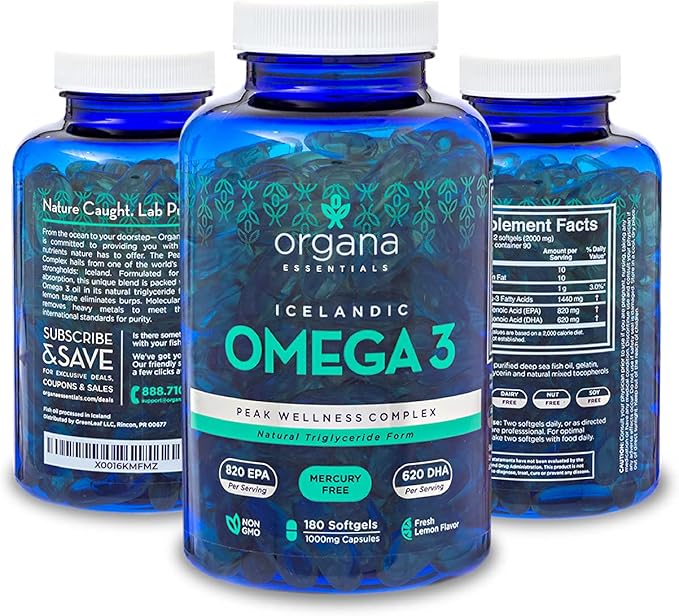Omega 3 Fish Oil 2,000 mg - High EPA 820 mg + DHA 620 mg - 180 Triple Strength Burpless Lemon Flavored Softgels