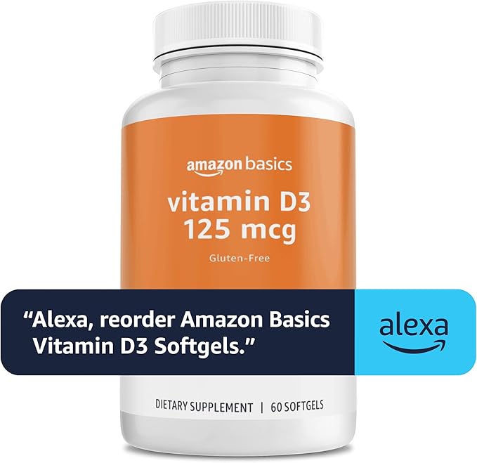 Amazon Basics Vitamin D3 125 mcg, 60 Softgels (1 per Serving), Gluten Free (Pack of 2)