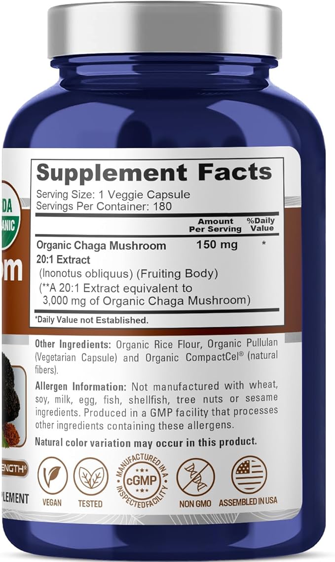 NusaPure Chaga Mushroom 20:1 Extract, 150 mg Equivalent to 3,000mg per Veggie Capsule, 180 Count, USDA Organic, Vegan, Non-GMO
