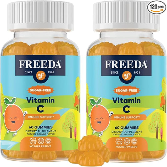 FREEDA Vitamin C Kids Vitamin C Gummies for Adults- Sugar Free VIT C Gummy Chewable Teens & Children - Kosher, Delicious Orange Flavor, Zero Sugar Immune Support Supplement - Pack of 2 - (60 Each)