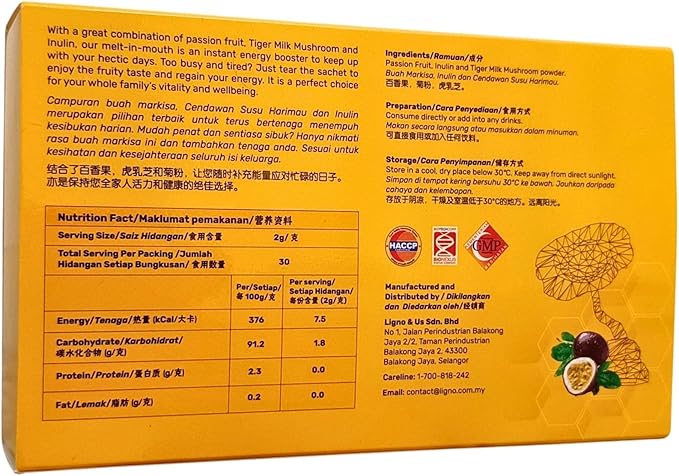 TIGERUS® Holla Tiger Milk Mushroom with Passion Fruit and Inulin - Immune Support, Digestive Health, Antioxidant Boost, Natural Wellness Supplement - 30 Sachets