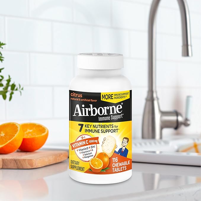 Airborne Vitamin C 1000mg (per Serving) - Citrus Chewable Tablets (116 Count in a Bottle), Gluten-Free Immune Support Supplement, with Vitamins A C E, Zinc, Selenium, Echinacea, Ginger, Antioxidants