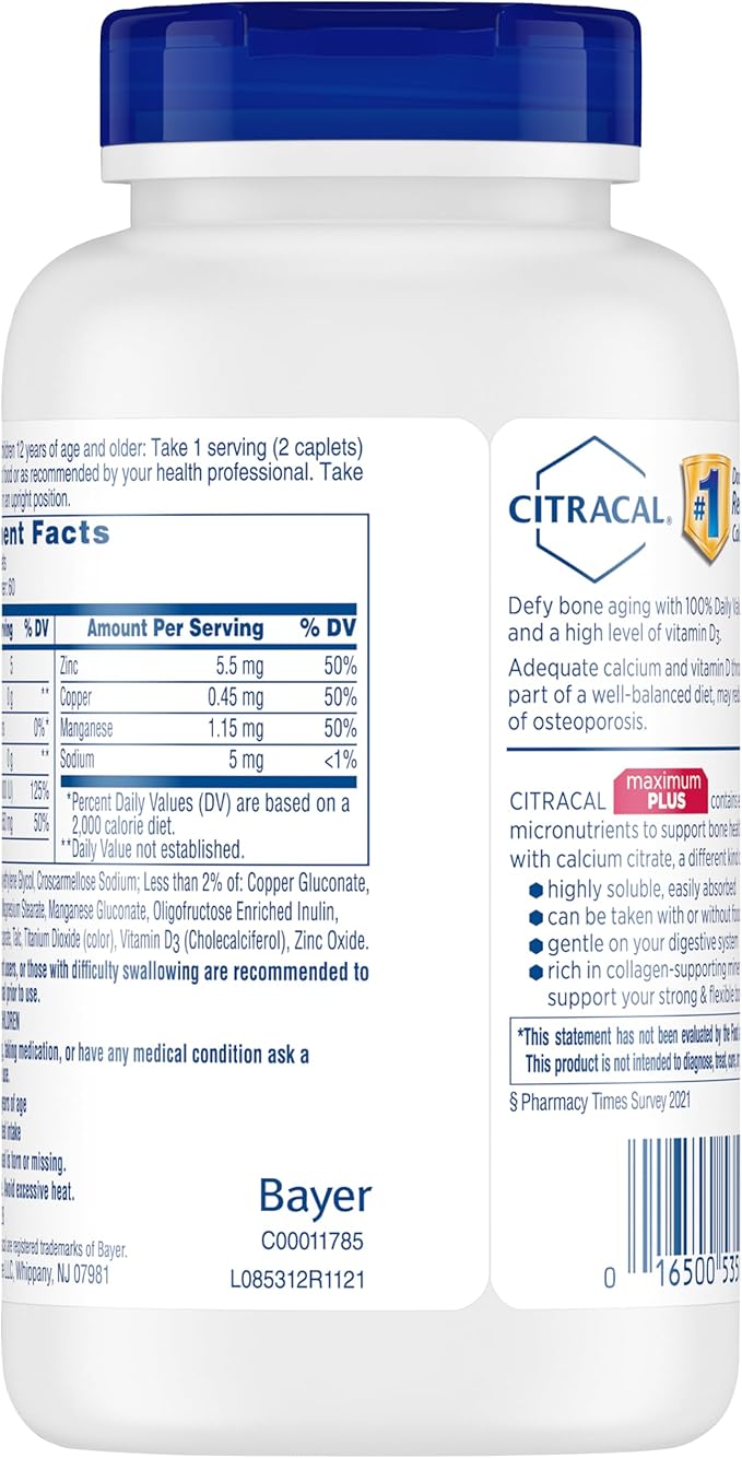 Citracal Maximum Plus, 650 mg Calcium Citrate, easily absorbed and highly soluble with 25 mcg (1000 IU) Vitamin D3, Bone Health Support, Calcium Supplement for Ages 12+, 120 Count