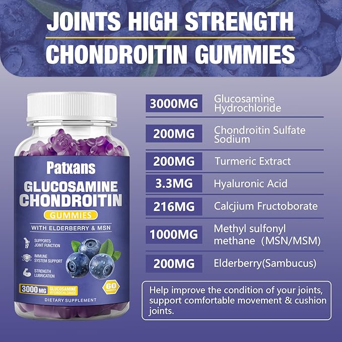 1 Pack 3000MG Glucosamine Chondroitin Gummies - Extra Strength Joint Health & MSM Elderberry Natural Joint Support Supplement, Flexibility, Antioxidant Immune Support for Adults, 60 Gummies.