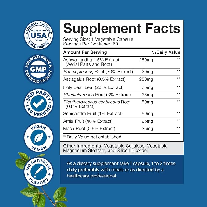 Herbal Adaptogen Mood Support Supplement - Calming Adaptogens Supplement for Stress & Cortisol Management with Ashwagandha Rhodiola Rosea & Maca Root - Vegan Non GMO & Daytime Friendly - 60ct