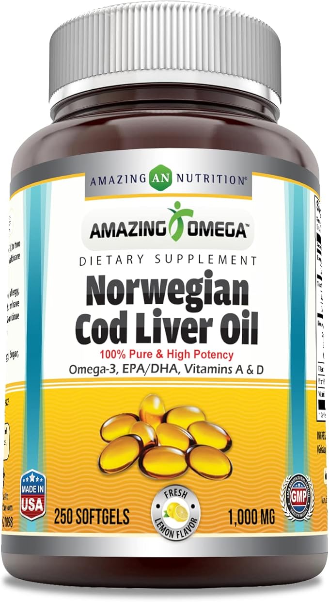 Amazing Omega Norwegian Cod Liver Oil 1000 Mg 250 Softgels | Lemon Flavor