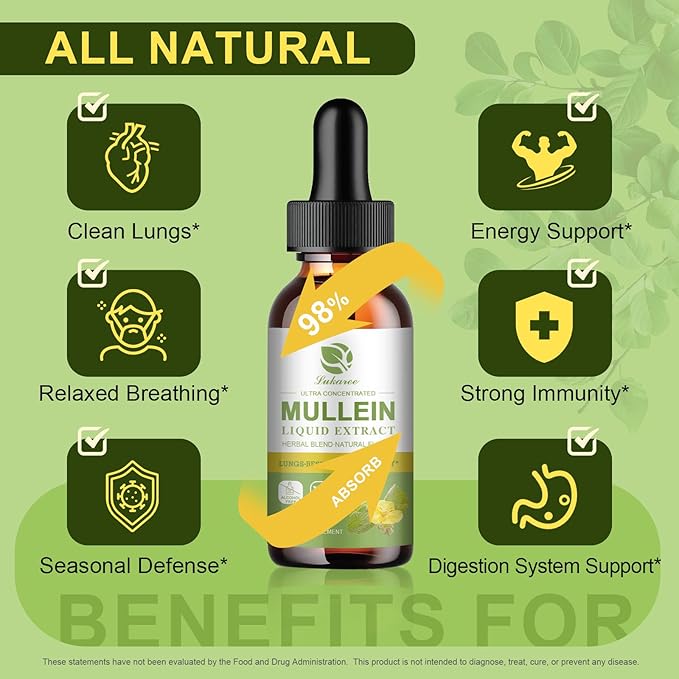 Mullein Drops for Lungs, Lung Detox & Cleanse, Vegan Mullein Leaf Extract Tincture with Chlorophyll Elderberry, etc, Natural Herbal Supplement for Respiratory, Immune, 30 Servings