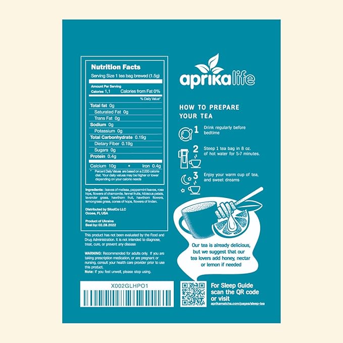 Aprika Life Sleep Tea for Bedtime Relaxation & Stress Relief – Natural Caffeine-Free Herbal Nighttime Tea with Chamomile, Lavender, Mint & Hibiscus – No Melatonin Sleep Aid – Relaxing Tea Bags 60 Pack