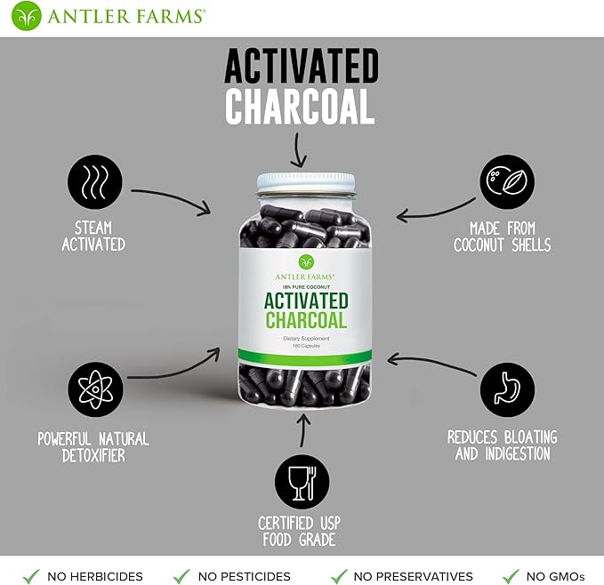 Antler Farms - 100% Pure Coconut Activated Charcoal, 180 Capsules 260mg - Wild Harvested, Virgin Coconut Shell, USP Food Grade, Steam Activated, Ultra Fine