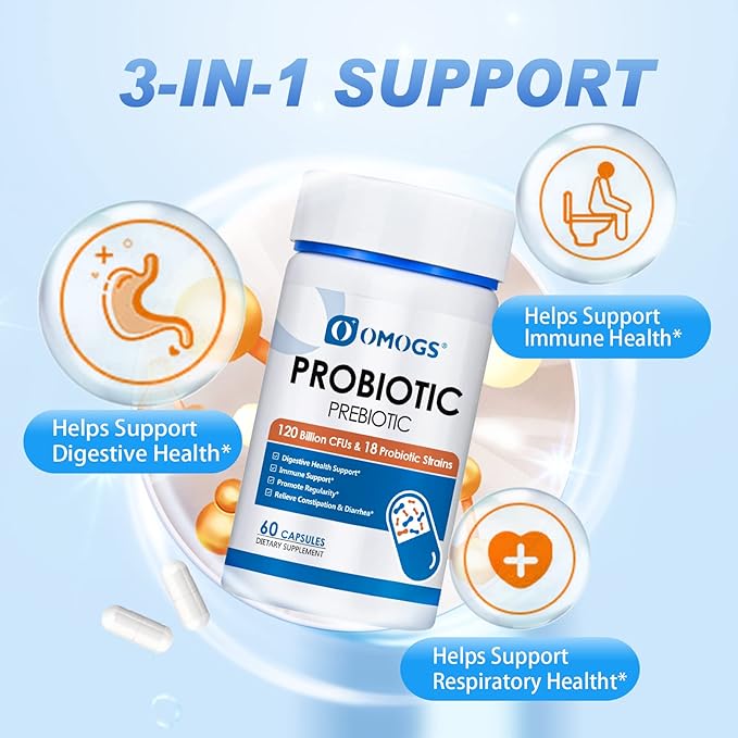 Probiotics 120 Billion CFUs 18 Strains, 3 Prebiotics & Digestive Enzymes, Helps Digestive, Gut Health, Immune, Supports Occasional Constipation, Diarrhea & Gas - for Women & Men, 60 Capsules