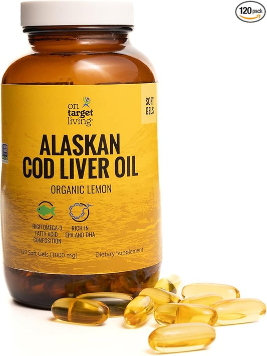 On Target Living Alaskan Cod Liver Oil 120 Soft Gels | Line Caught in The USA | Naturally Occurring Vitamin D | Rich in Omega 3 DHA/EPA