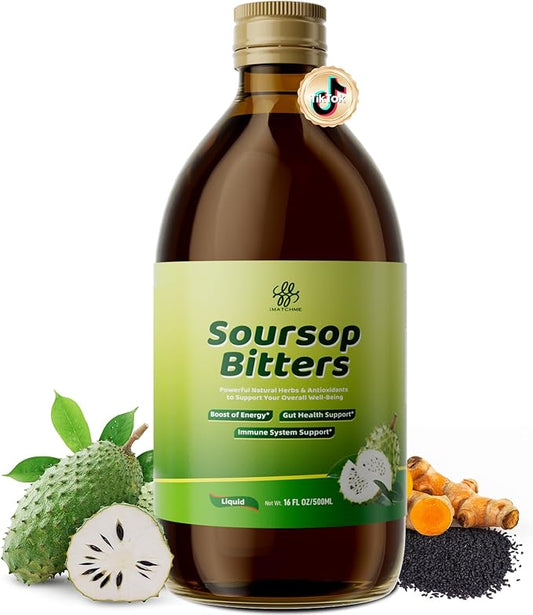 Soursop Bitters Liquid with Black Seed- Pure 15 Herb Mixed Berry with Soursop Leaves,Turmeric & Moringa for Gut Cleanse,Antioxidant,Skin Health,Cell Regeneration,Immune,Mood & Sleep Support 16 fl oz