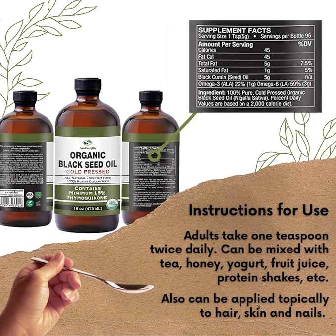 Organic Black Seed Oil - USDA Certified Cold Pressed Glass Bottle Over 1.5% Thymoquinone 3X strength Turkish Black Cumin Nigella Sativa non-GMO 100% Pure Blackseed Oil (32oz Glass (2X16) Bottle)