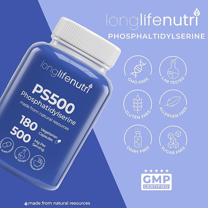 Phosphatidylserine Pure 500mg – 180 Vegetarian Pills, 3-Month Supply, Supplement for Strengthening Memory, Focus & Cognitive Function, Made in USA, Lab Tested, Soy Free, Non GMO