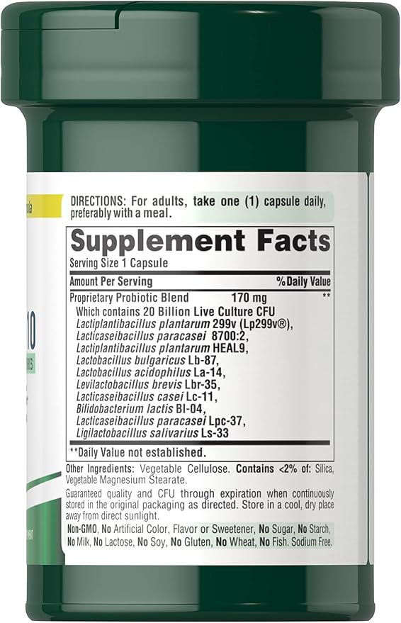 Puritan's Pride Premium Probiotic 10, 20 Billion CFU Clinically Studied Culture Strains, Dietary Supplement for Digestive, Gut, and Immune Health, 1 Month Supply, 30 Rapid Release Capsules