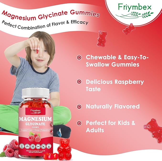 Magnesium Glycinate Gummies 500mg | Relaxation Calm Magnesium Gummies | Sugar-Free | Non-GMO | Gluten-Free | Vegan-Friendly for Adults & Kids (60 Raspberry Gummies)