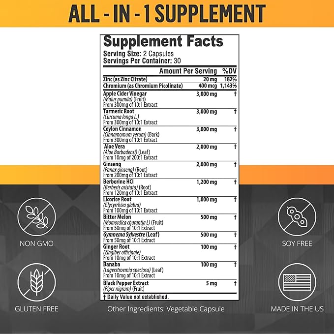 Ceylon Cinnamon Capsules 3000mg Turmeric 3000mg Apple Cider Vinegar 3000 mg Ginseng 2000mg Aloe Vera 2000mg Berberine Supplement 1200mg + Banaba | Bitter Melon | Gymnema | Ginger Root - 60 Count