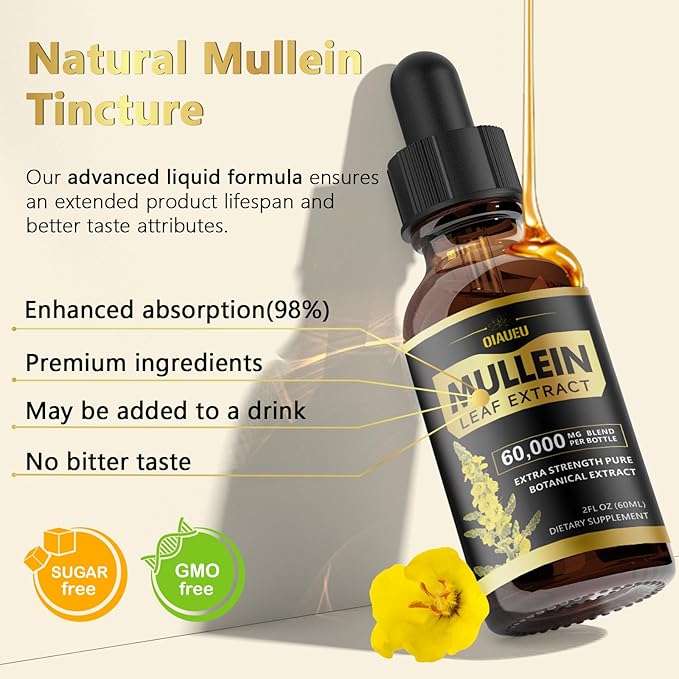 Mullein Drops for Lungs, Natural Mullein Leaf Extract, Respiratory Support & Lung Cleanse Herbal Supplement, 2 fl oz