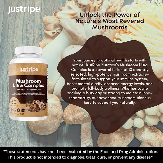 Mushroom Ultra Complex - Reishi, Cordyceps, Lions Mane & Shiitake - Immune System Booster & Nootropic Brain Supplement - Enhance Memory and Focus - Stress Relief - 60 Capsules