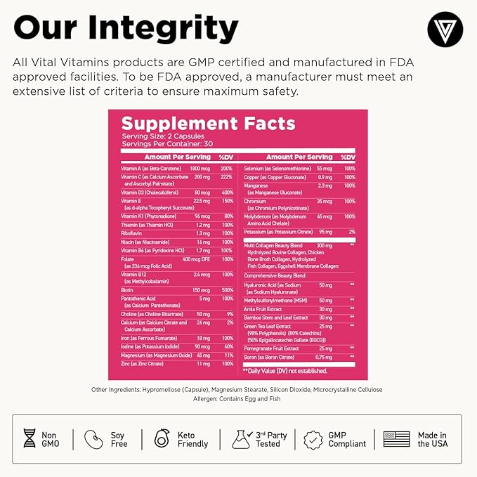 Vital Vitamins Women's Multivitamin Complex (4-Pack) - Made with Multi-Collagen Blend, Hyaluronic Acid, & MSM - Beauty Multivitamin for Women - with Vitamin A, C, E, B6, B12, D3