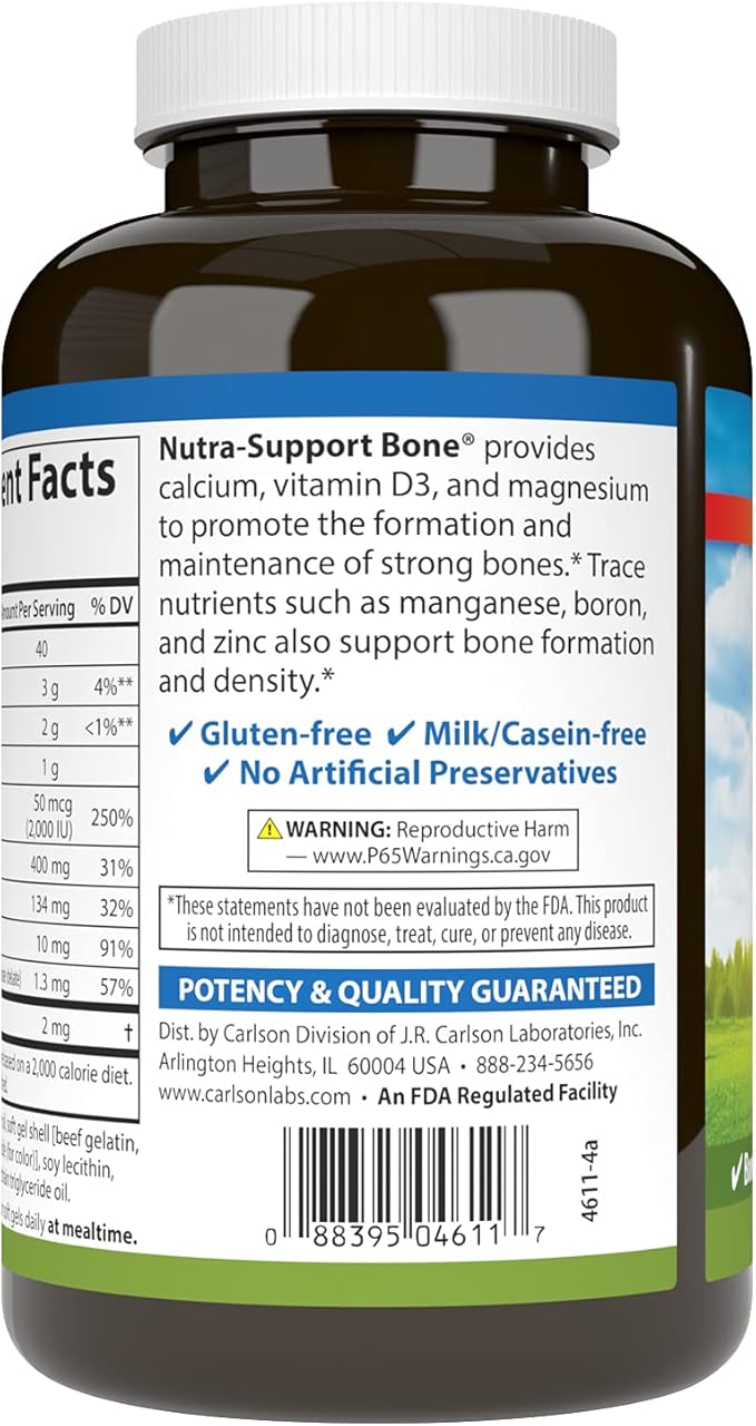 Carlson - Nutra-Support Bone, Calcium, Magnesium & Vitamin D3, Bone Health, Calcium Absorption & Optimal Wellness, 100 Softgels