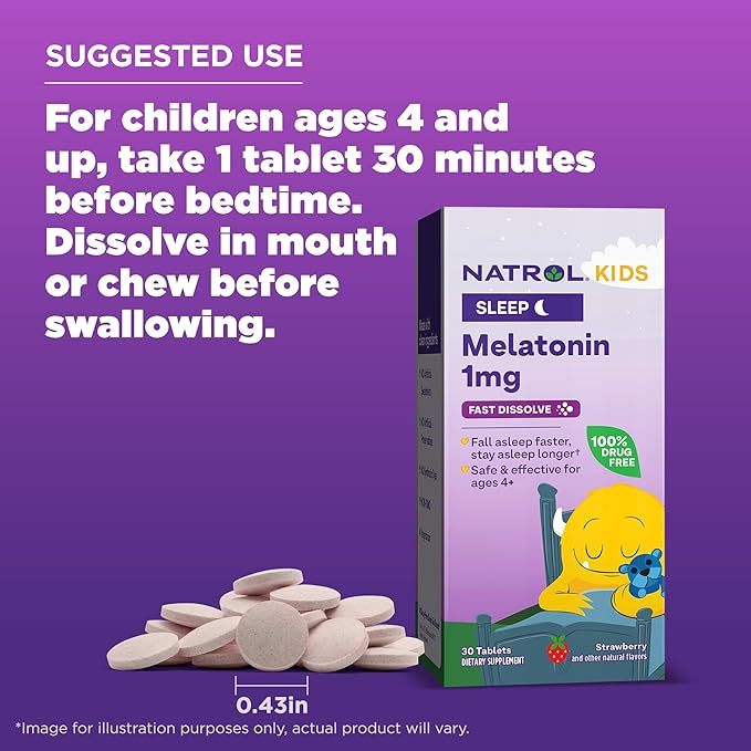 Natrol Kids Fast Dissolve Melatonin 1 mg, Dietary Supplement for Restful Sleep, Sleep Tablets for Kids, 30 Strawberry-Flavored Melatonin Tablets, 30 Day Supply