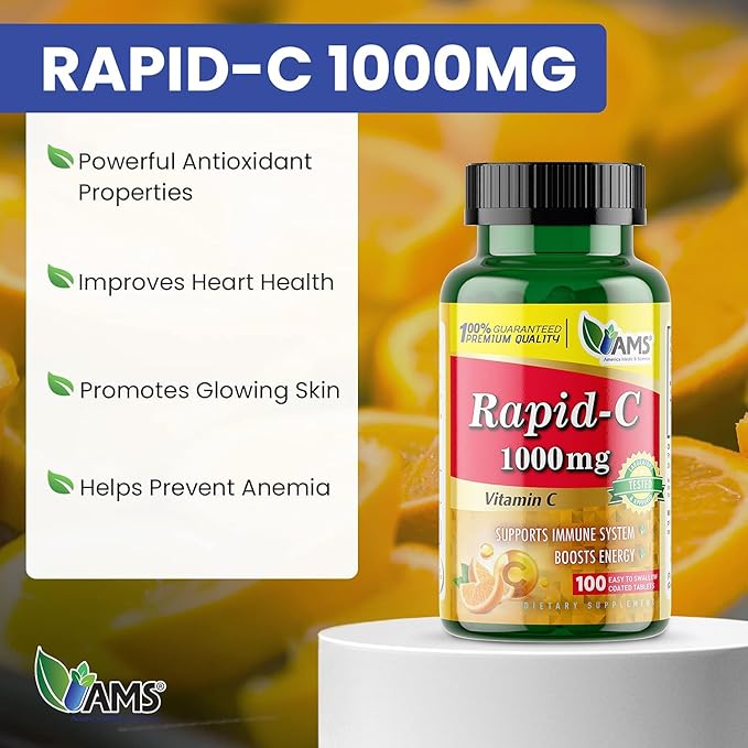 America Medic & Science Rapid-C 1000mg Vitamin C Supplement (3 Pack of 100 Tablets) Energy Booster, Daily Immune System Support, Antioxidant | Vegan, Non-GMO Coated Ascorbic Acid for Adult Men & Women
