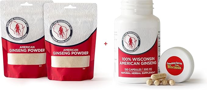 Dairyland American Ginseng Powder 16 oz and Capsules 150 ct of Wisconsin Ginseng – Direct from Farmer to Consumer 西洋参