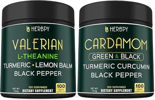 Bundle 5in1 Valerian Root Supplement 100 Count & 4in1 Cardamom Supplement 100 Count - Support Relaxation, Digestion, Heart and Oral Health