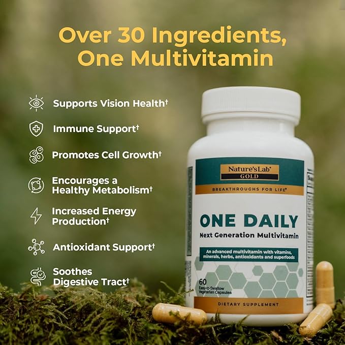 Nature's Lab Gold One Daily Multivitamin - Contains 19 Essential Vitamins & Minerals including Vitamin C, D3 & Zinc - 60 Capsules (2 Month Supply)