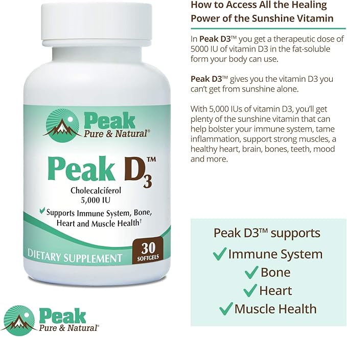 Peak Pure & Natural Peak D3 - Calciferol Vitamin D3 5,000 IU - Immune Support - Support Heart Health - Boost Energy - Daily Vitamin for Adults | 30 Capsules