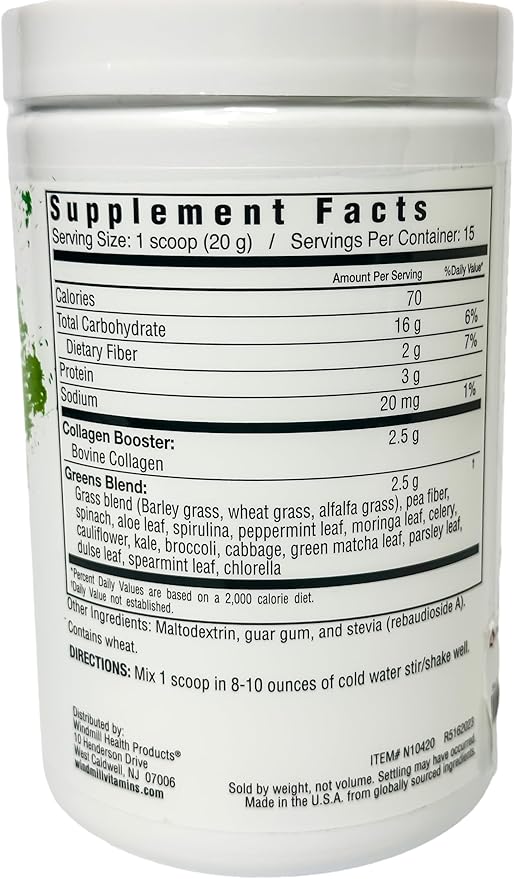 Collagen with Organic Beauty Greens with Type I & Type III Peptides. Natural Flavors. Dietary Supplement. Wheat Grass, Barley, Spiraling, Kale, Alfalfa & More. 10.6 oz