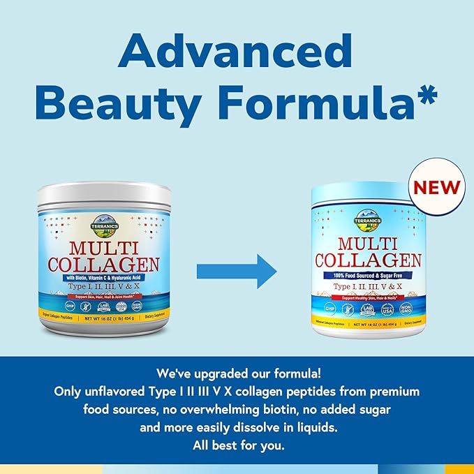 Terranics Multi Collagen Peptides Powder, Type I II III V X Hydrolyzed Collagen for Women+Men, Collagen Supplements for Skin Nail Hair, Fast Dissolve, Unflavored Colageno, No Sugar, Keto, 16oz
