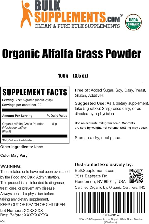 BulkSupplements.com Organic Alfalfa Grass Powder - Alfalfa Supplement, Green Superfood Powder, Alfalfa Powder Organic - Vegan & Gluten Free, 5g per Serving, 100g (3.5 oz) (Pack of 1)