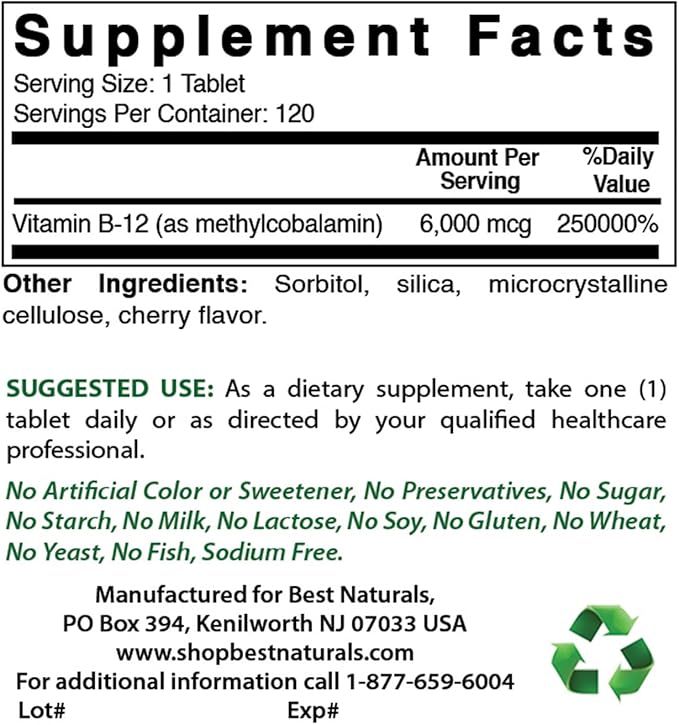 Best Naturals Vitamin B-12 as Methylcobalamin (Methyl B12), 6000 mcg 120 Sublingual Tablets (120 Count (Pack of 3))