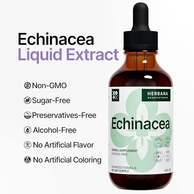 Echinacea 4 fl oz Liquid Extract - Organic Root, Leaf, Flower, Seed - Natural Herbal Supplement - Body, Immune System Support Tincture - High Potency Drops - 90-Day Supply - Family Size