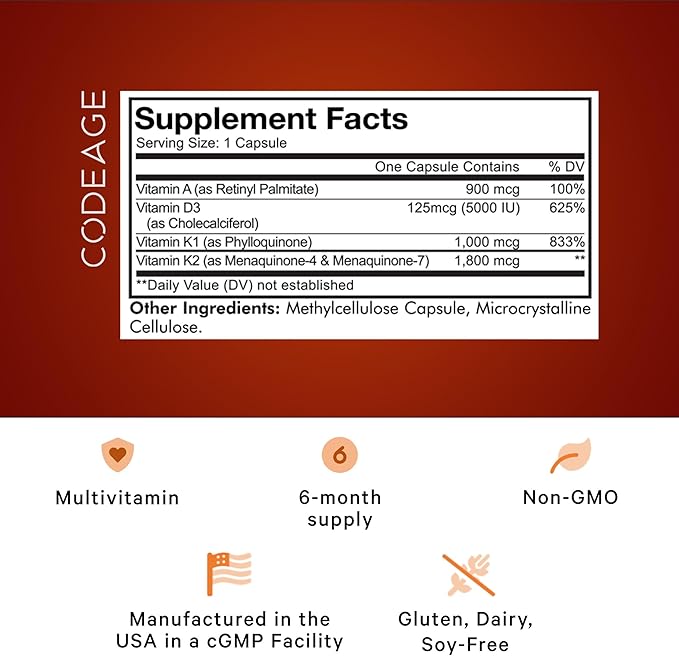 Codeage ADK Vitamins Supplement - Essential Vitamin A, D3 5000 IU, K1 & K2 (MK4 & MK7) - 6-Month Supply - 1 Capsule per Serving, Non-GMO, Gluten-Free - 180 Capsules