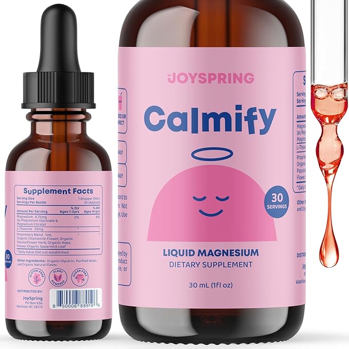 JoySpring Magnesium Citrate & Glycinate Liquid for Kids - Sugar Gluten Free Magnesium for Kids & Teens | L-Theanine & Chamomile Liquid Blend Supplement (1 fl oz) 30 Servings