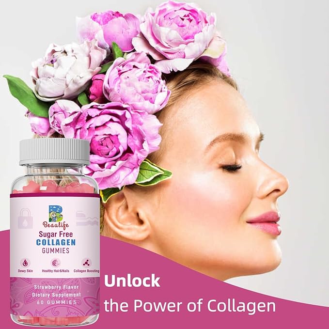 Collagen Gummies, with Biotin,Bamboo, Hydrolyzed Collagen Peptides Supplement, for Healthy Skin Support, 60 Gummies,Strawberry Flavor