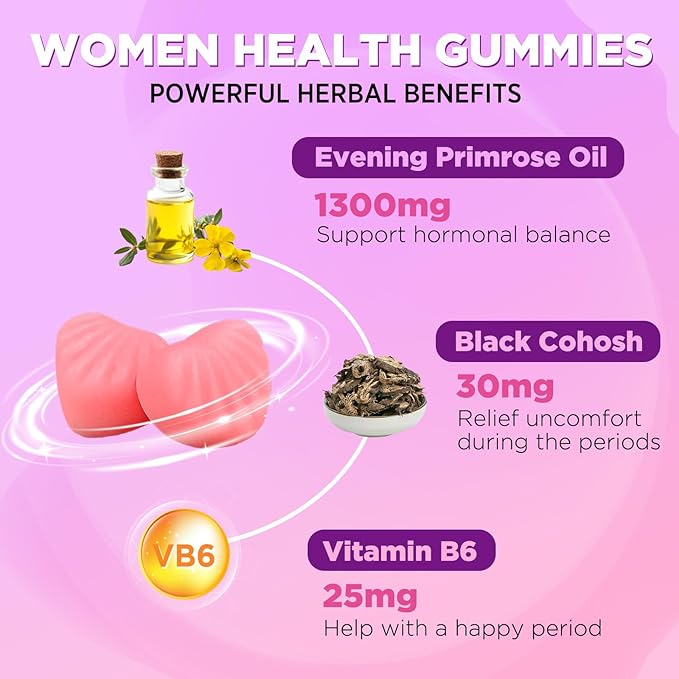 Evening Primrose Oil Gummies 1300mg with Black Cohosh & Vitamin B6, Sugar-Free, PMS Relief Supplements for Women 20-45, Chewable PMS Gummies, Strawberry Flavor, Vegan, Pectin, 60 Count