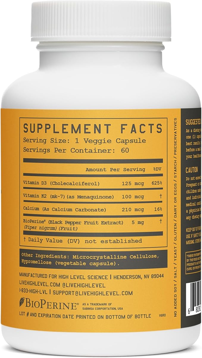 High Level K2-D3, Vitamin K2 Supplement, Dual Action Support Complex with Bioperine (Black Pepper) & 5000IU D3 Cholecalciferol, Support for Heart, Bone & Health Defense, 100MCG, 60 Veggie Capsules