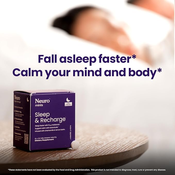 Neuro Melatonin 5mg Sleep & Recharge Mints (72 Pieces) - Fast Dissolve Melatonin Sugar Free Mints with Lemon Balm & Chamomile for Better Sleep - Calm Sleep Supplement for Adults - Night Berry Flavor