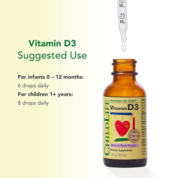CHILDLIFE Essentials Vitamin D3 Drops for Kids, Children, & Toddlers - Liquid Vitamin D Drops, 500 IU per Drop, Immune & Bone Health Support, Natural Berry - 1 Fl Oz (Pack of 2)