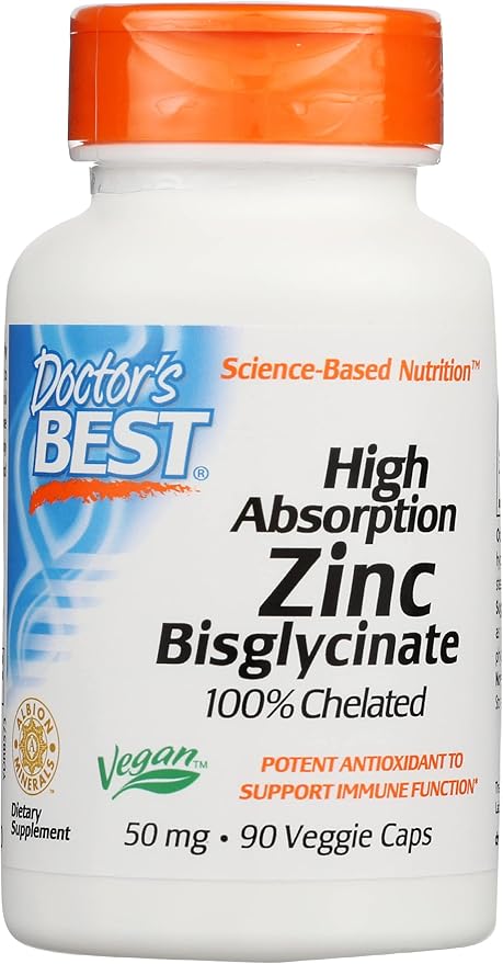 Doctor's Best Zinc Bisglycinate High Absorption 100% Chelated 50 MG, Non-GMO, Vegan, 90 Veggie Capsule (Pack of 1)
