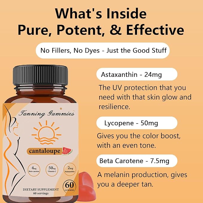 Tanning Gummies, Daily Tanning Gummies with Beta-Carotene & Lycopene & Astaxanthin, Natural Tanning Supplement, 60 Gummies