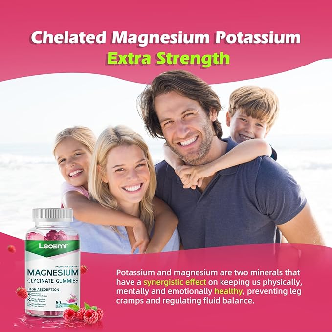 Magnesium Glycinate Gummies 1000mg - Sugar Free Magnesium Potassium Supplement with Vitamin D, B6, CoQ10 for Calm Mood & Sleep Support - 60Raspberry Gummies
