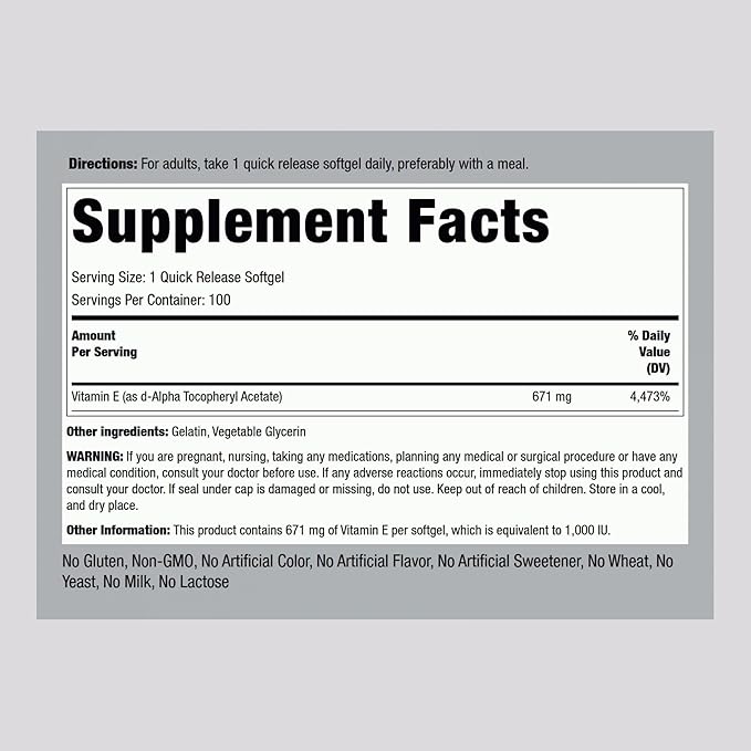 Piping Rock Vitamin E 1000 IU Softgel Capsules | 671mg | 100 Pills | D-Alpha Tocopheryl Supplement | Non-GMO, Gluten Free