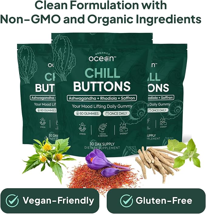 Chill Buttons - Organic Ashwagandha Reduces Tension, Enhances Memory and Vision, and Brightens Mood - Contains Ashwagandha KSM-66, Rhodiola Rosea, and Organic Saffron